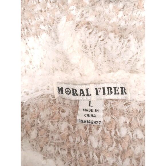 Moral Fiber Sweater HOODIE Size L TAN BROWN Knit Neutral Fuzzy Striped Soft Hood - Picture 15 of 16